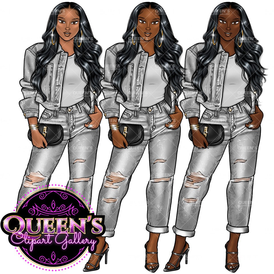 Denim girl clipart, Curvy girl clipart, Fashion girl clipart, Jeans Girl Clipart, African American clipart, Afro girls clipart, Girl Boss