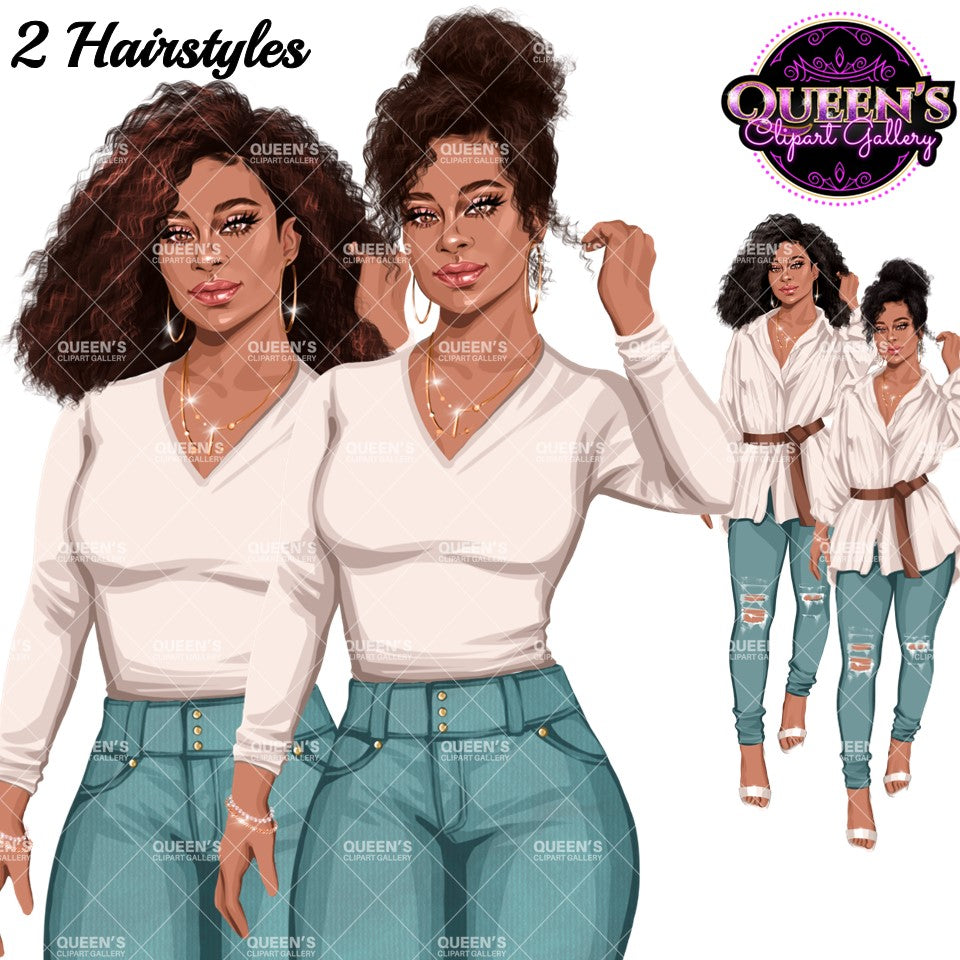 Denim jeans girl, Jeans girl clipart, Fashion girl clipart, Afro girl clipart, Lady boss, Denim girl, Fall girl clipart, Fashion illustration