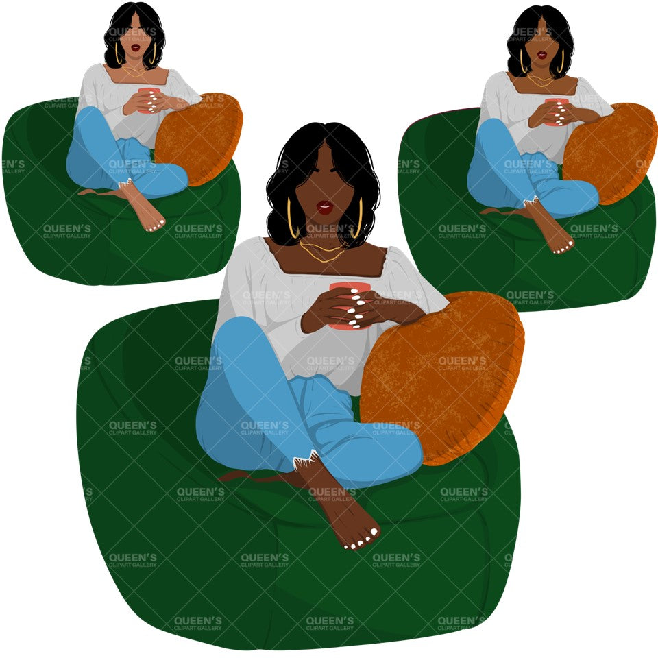 Afro woman sitting on sofa, Afro girl clipart, Black woman, Black girl magic, Fashion girl clipart, Relax at home, Coffee girl, Flat Clipart