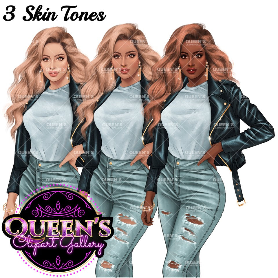 Curvy denim girl, Jeans girl clipart, Curvy girl, Fashion girl clipart, Girl boss clipart, Fashion woman, Woman in leather jacket, Curvy woman