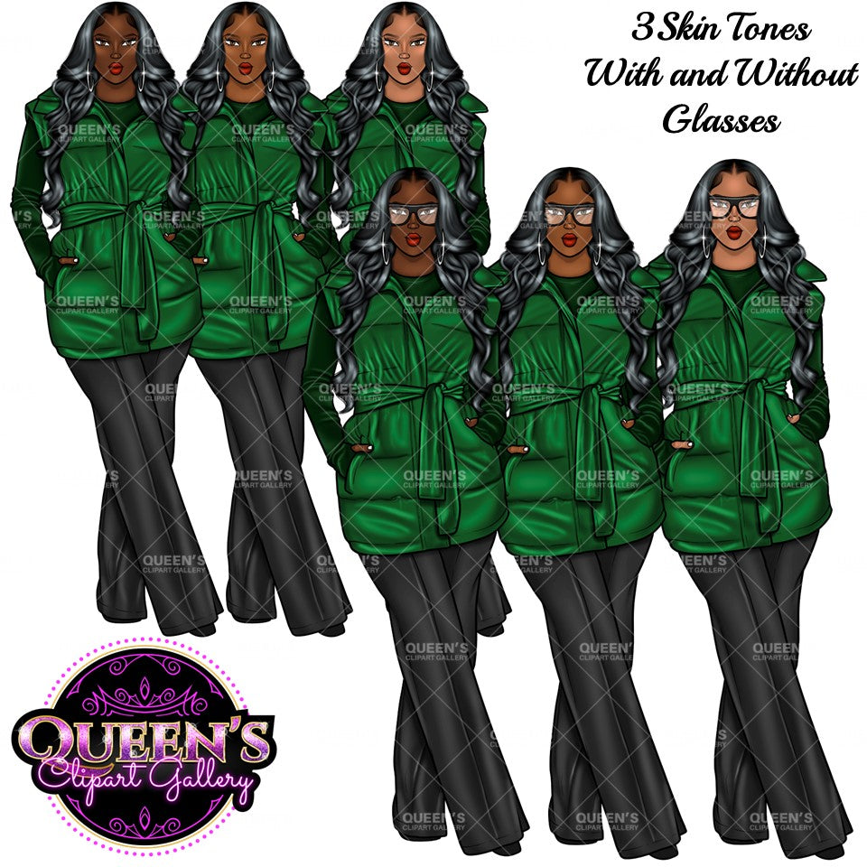 Fashion Girl Clipart, Black Girl Clipart, African American Clipart, Afro Girl Clipart, Girl Boss, Woman in Coat, Winter Clipart, Cozy wear