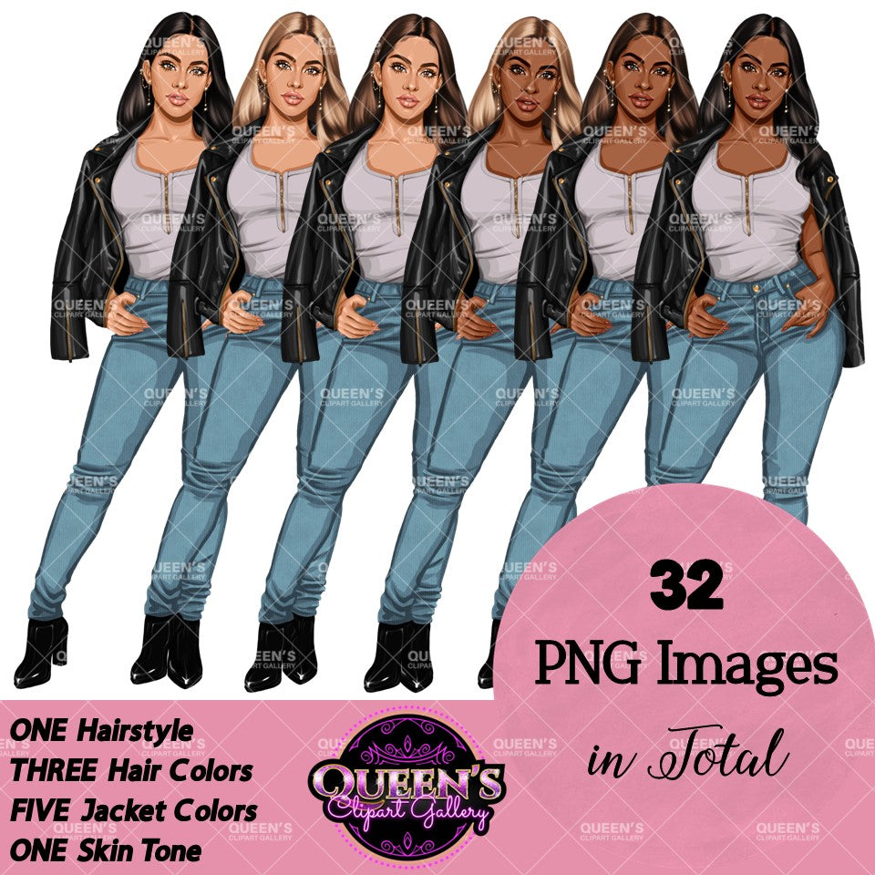 Curvy denim girl, Jeans girl clipart, Curvy girl, Fashion girl clipart, Girl boss clipart, Fashion woman, Woman in leather jacket, Curvy woman