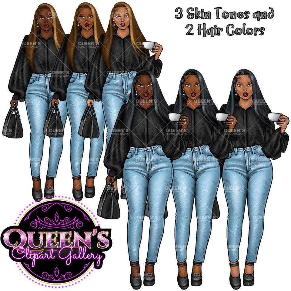Denim jeans girl, Afro girl clipart, African American woman, Black woman clipart, Black girl magic, Fashion girl clipart, Girl boss, Curvy girl, Black Queen