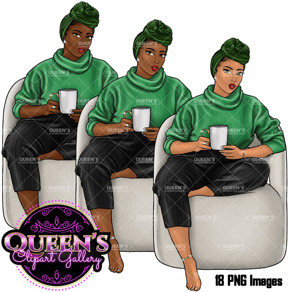 Coffee girl clipart, Curvy girl clipart, Fashion girl clipart, Cozy Clipart, Relax at home, African American clipart, Afro girl clipart