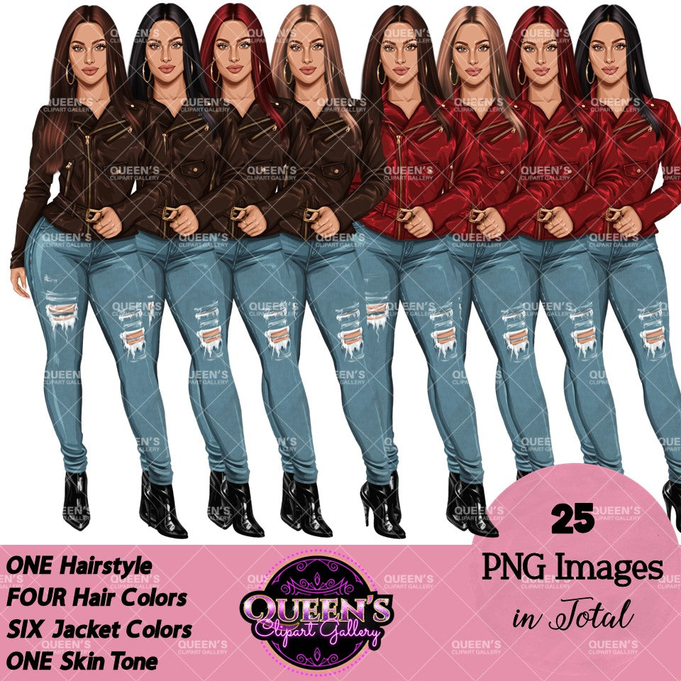 Curvy denim girl, Jeans girl clipart, Curvy girl, Fashion girl clipart, Girl boss clipart, Fashion woman, Woman in leather jacket, Curvy