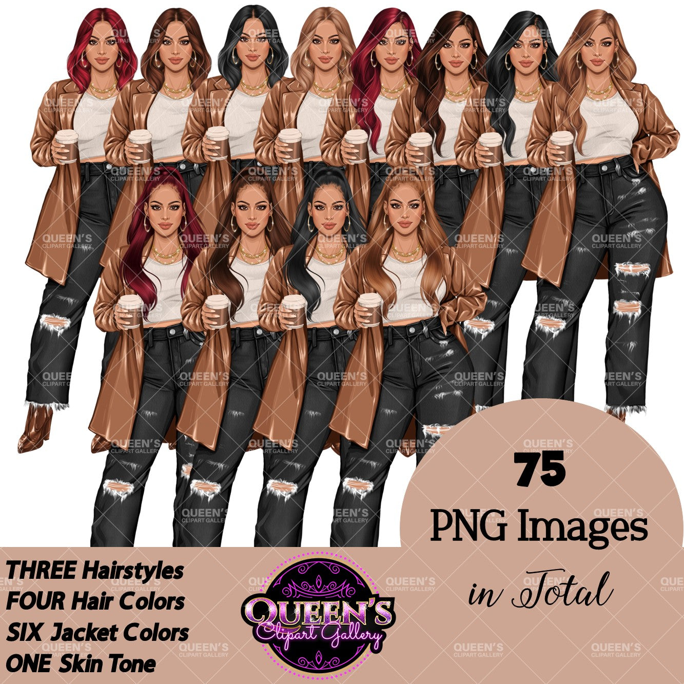 Coffee Girl Clipart, Denim Jeans Girl, Jeans Girl, Lady Boss Clipart, Fashion Girl Clipart, Jeans Girl Clipart, Woman in Leather Jacket