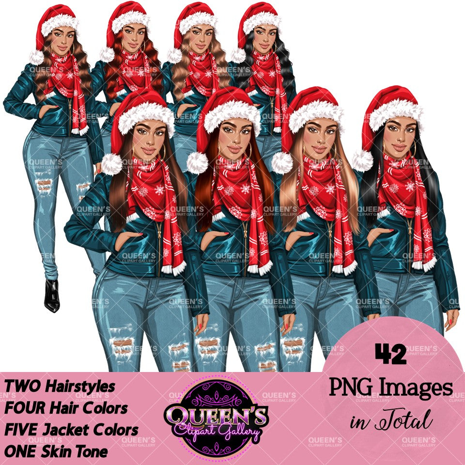 Christmas Girl Clipart, Woman in Santa Hat Clipart, Fashion Girl Clipart, Denim Jeans Girl Clipart, Winter Clipart, Girl Boss Clipart, Curvy