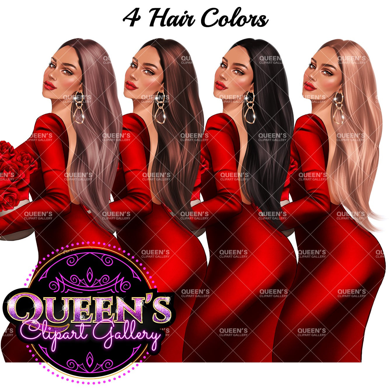 Valentine's Day clipart, Red roses clipart, Woman in red dress, Love clipart, Fashion girl clipart, Fashion illustration, Valentine roses