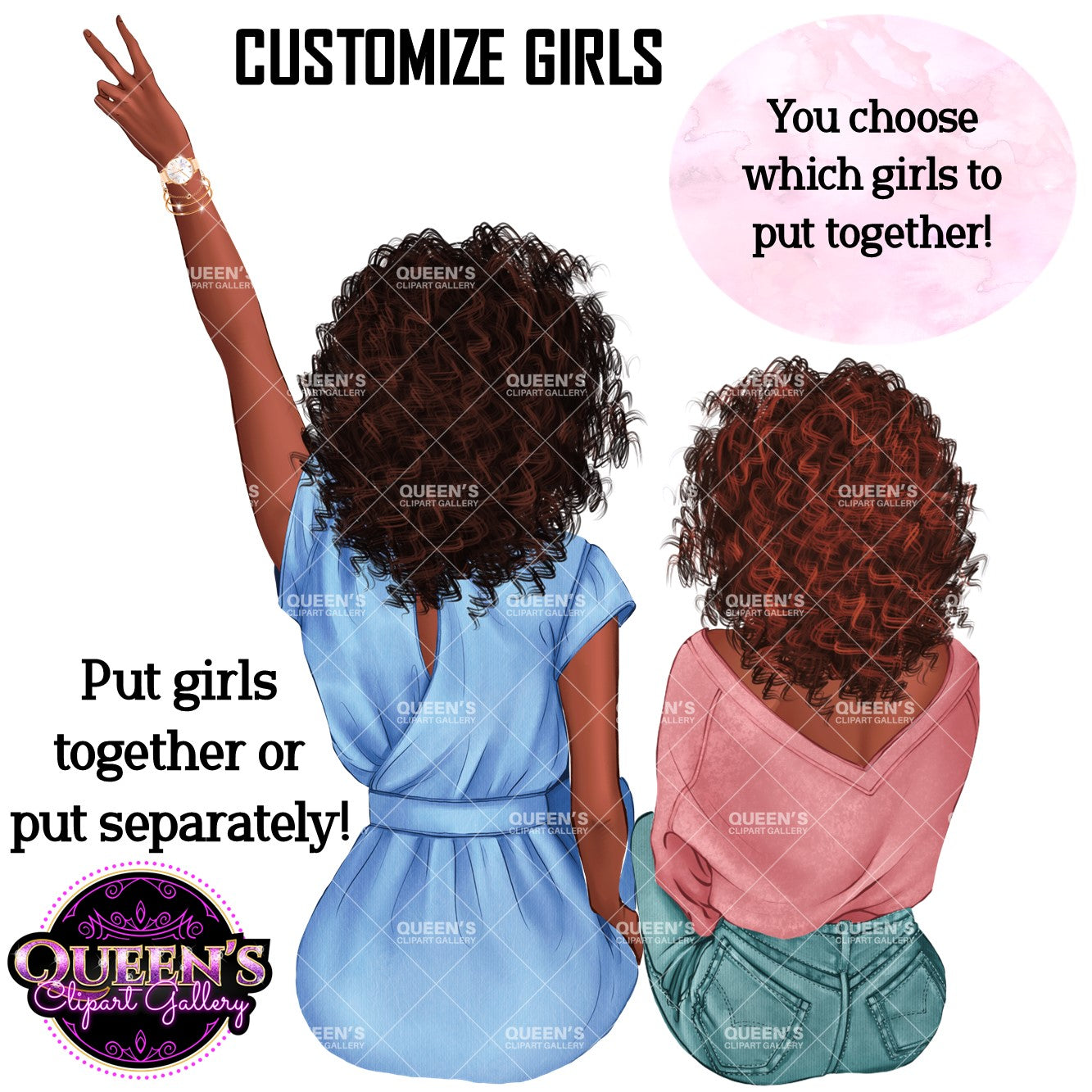 Best friends clipart, Soul sisters clipart, Besties clipart, Friends clipart, Bff clipart, Afro girls clipart, Friendship clipart, Denim girls