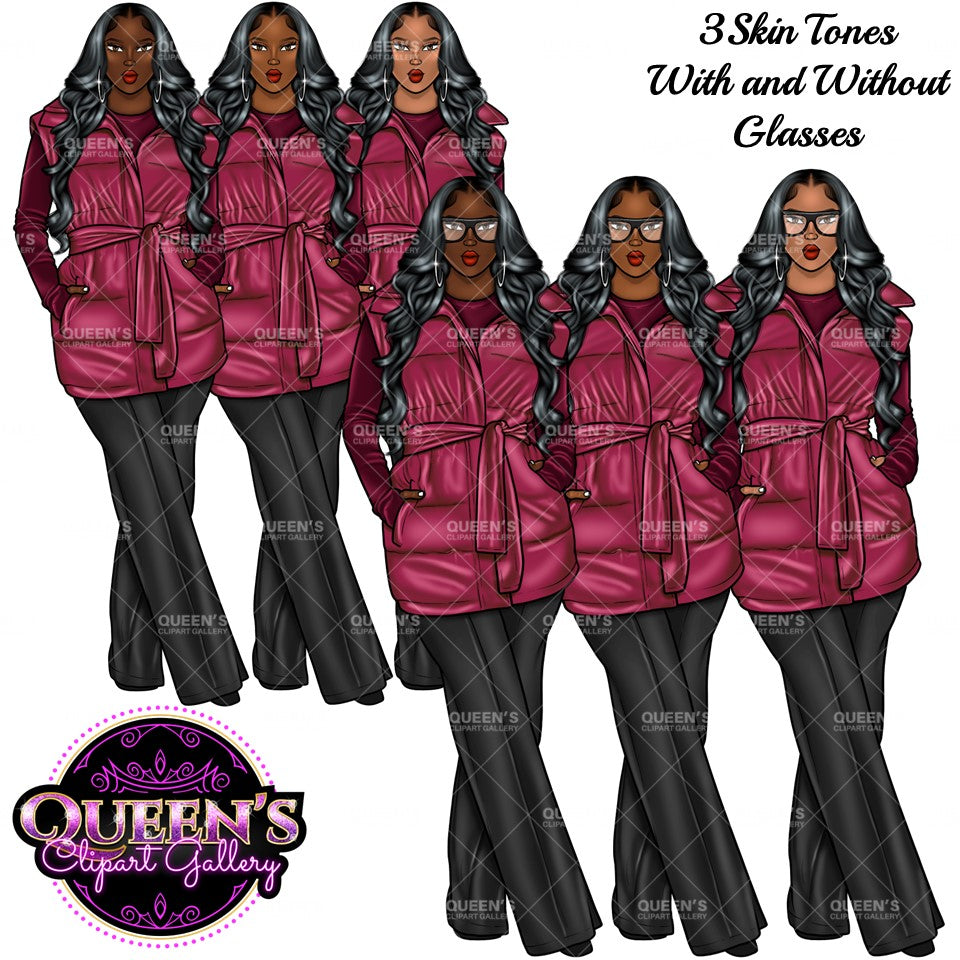 Fashion Girl Clipart, Black Girl Clipart, African American Clipart, Afro Girl Clipart, Girl Boss, Woman in Coat, Winter Clipart, Cozy wear
