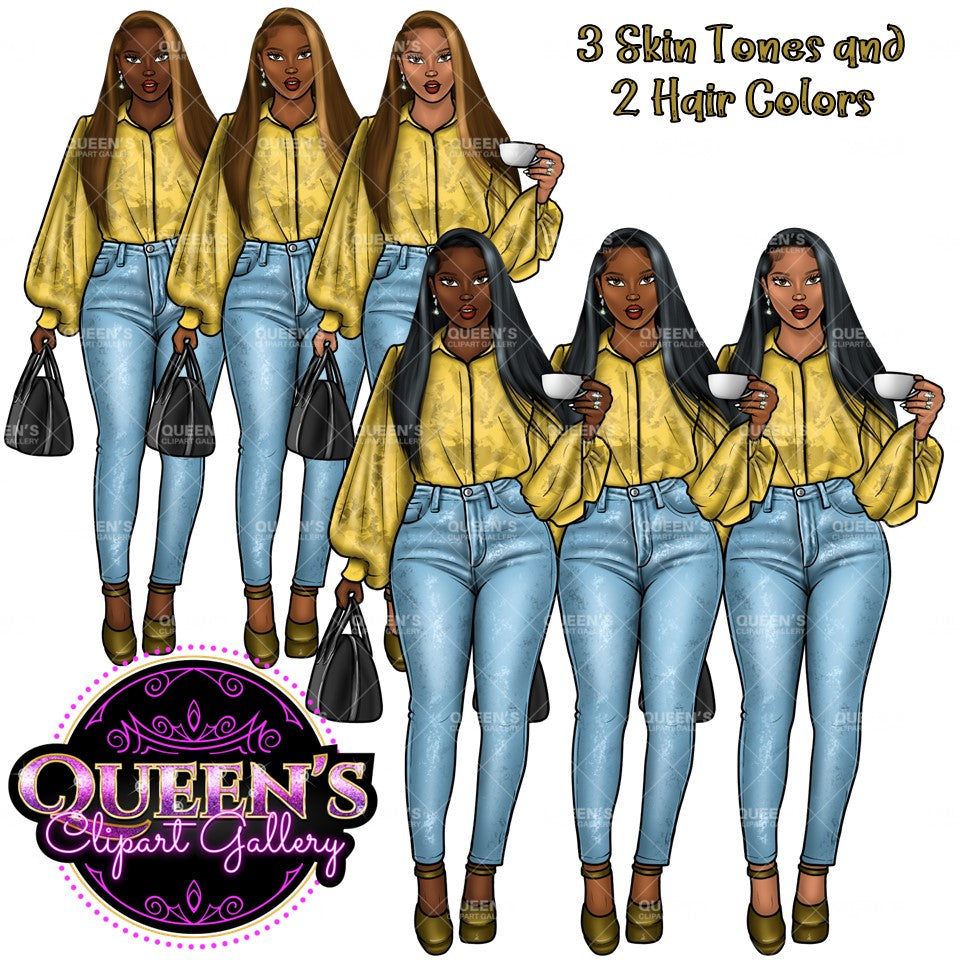 Denim jeans girl, Afro girl clipart, African American woman, Black woman clipart, Black girl magic, Fashion girl clipart, Girl boss, Curvy girl, Black Queen