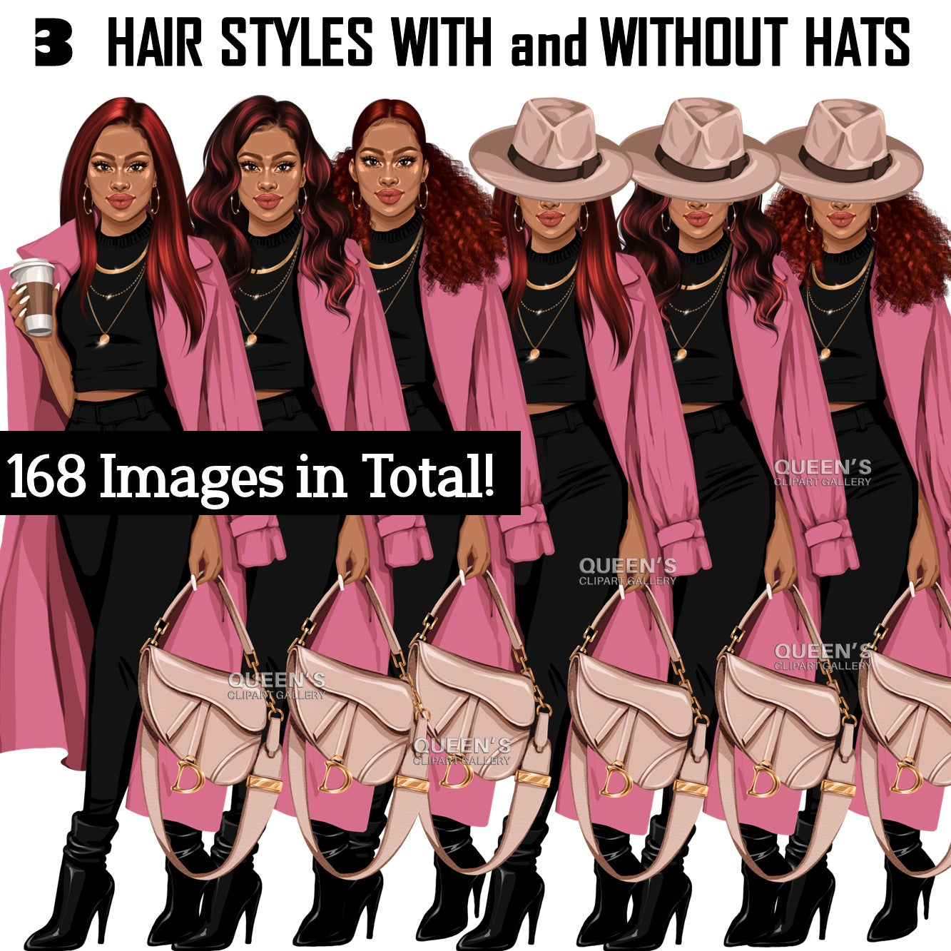 Fashion girl clipart, Black woman clipart, African American clipart, Fashion clipart, Girl boss clipart, Curvy girl, Woman in hat