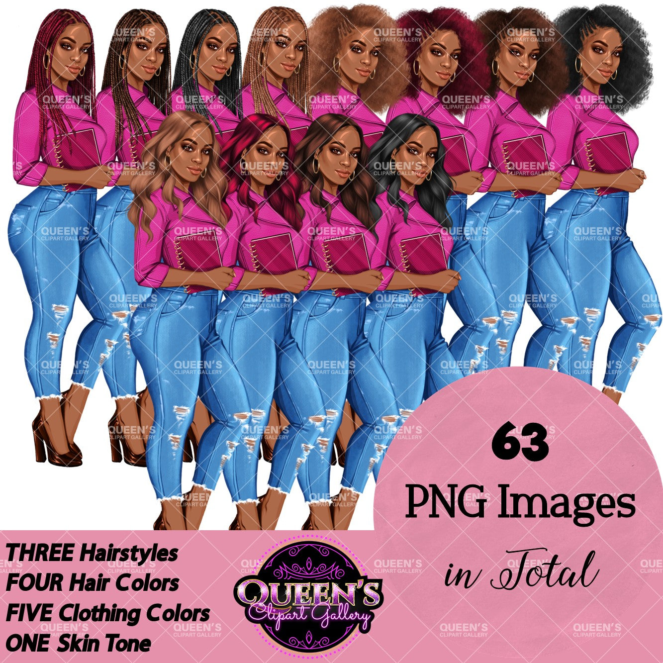Planner girl clipart, Jeans girl clipart, Afro girl clipart, Fashion girl clipart, Denim jeans girl, Black girl magic African American woman