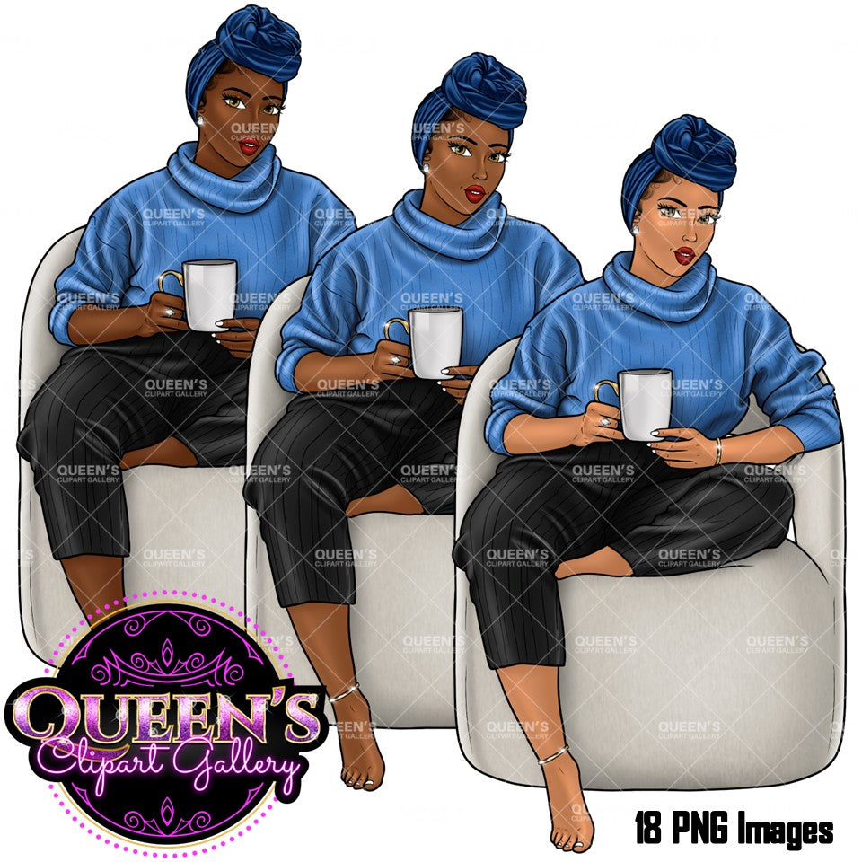 Coffee girl clipart, Curvy girl clipart, Fashion girl clipart, Cozy Clipart, Relax at home, African American clipart, Afro girl clipart