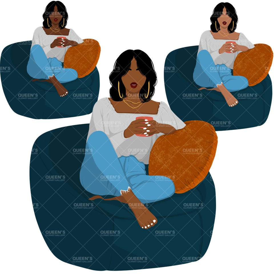 Afro woman sitting on sofa, Afro girl clipart, Black woman, Black girl magic, Fashion girl clipart, Relax at home, Coffee girl, Flat Clipart