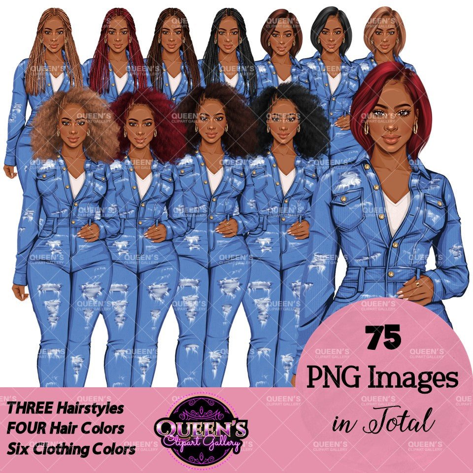 Denim Jeans Girl Clipart, Fashion Girl Clipart, Jeans Girl Clipart, Girl Boss Clipart, African American Woman in Jeans, Jeans Jacket Clipart, Boss Babe