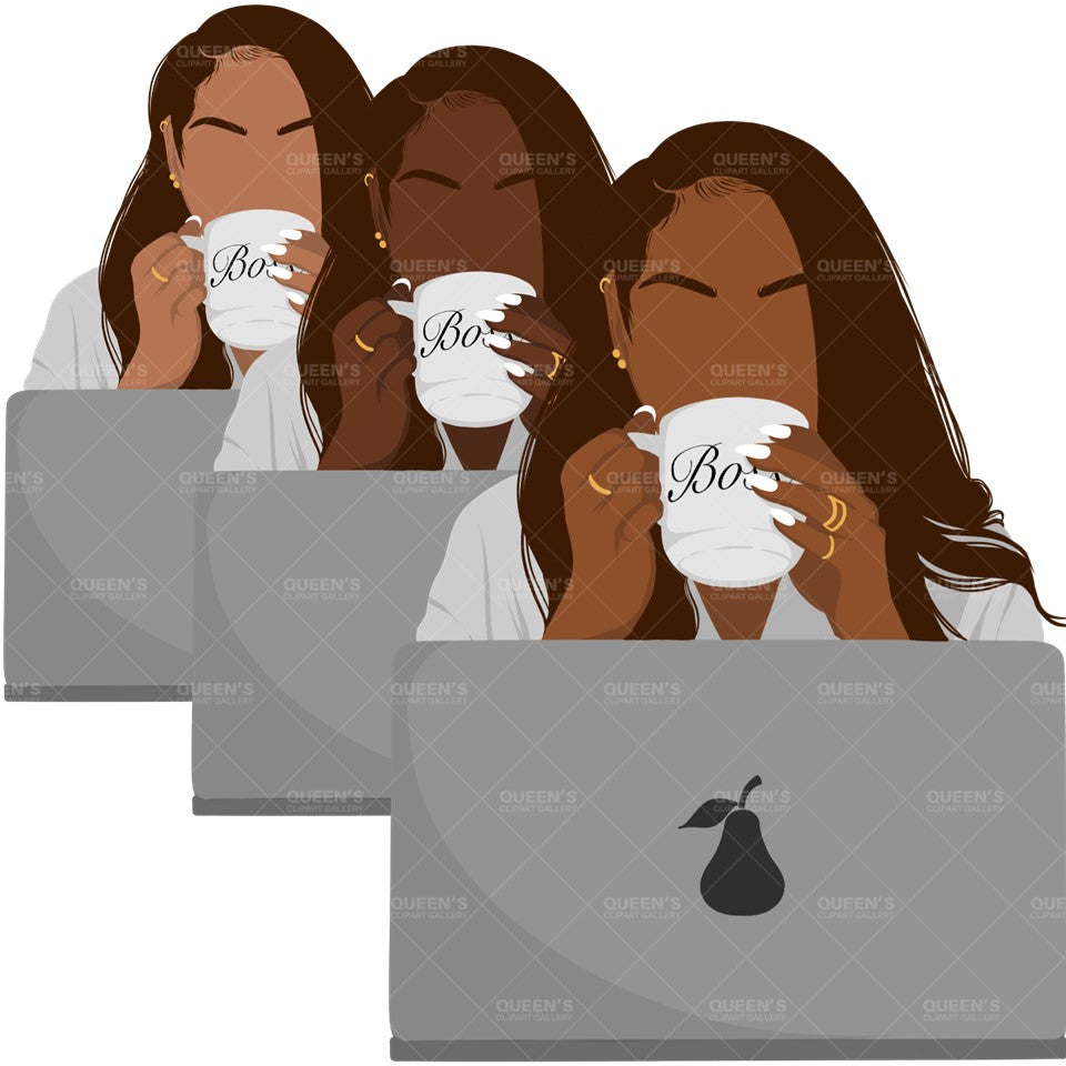 Flat clipart, Woman with Laptop, Afro girl clipart, Black woman clipart, Black girl magic, Fashion girl clipart, Girl boss clipart, Boss Lady