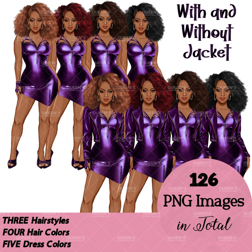 Afro woman in leather dress, Girl boss, Lady boss, Black girl magic, Fashion girl clipart, Fashion illustration clipart, Curvy girl clipart