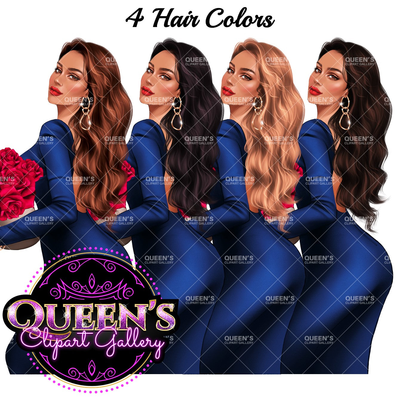 Valentine's Day clipart, Red roses clipart, Woman in red dress, Love clipart, Fashion girl clipart, Fashion illustration, Valentine roses