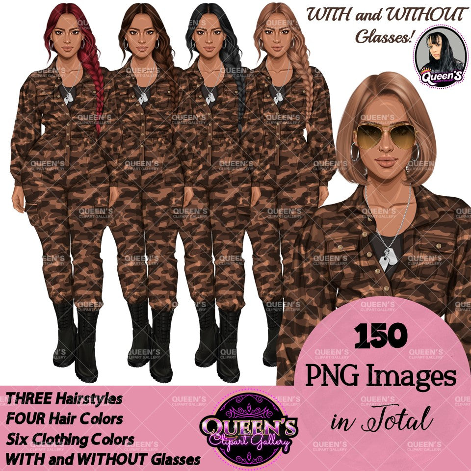 Army Clipart, Military Woman Clipart, Fashion Girl Clipart, Veteran Day Clipart, Afro Female Troops, Memorial Day, Veteran, Soldier