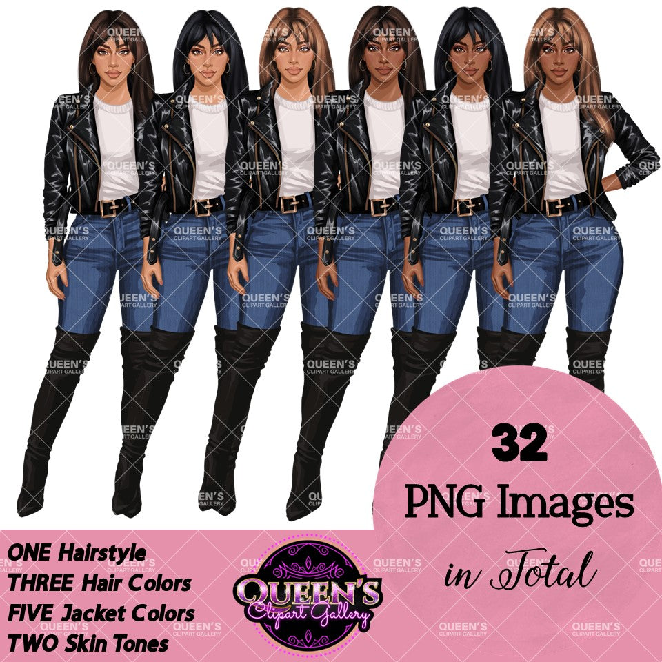 Denim Jeans Girl, Jeans Girl Clipart, Fashion Girl Clipart, Fashion Clipart, Woman in Leather Jacket, Curvy Girl Clipart, Denim Girl Clipart