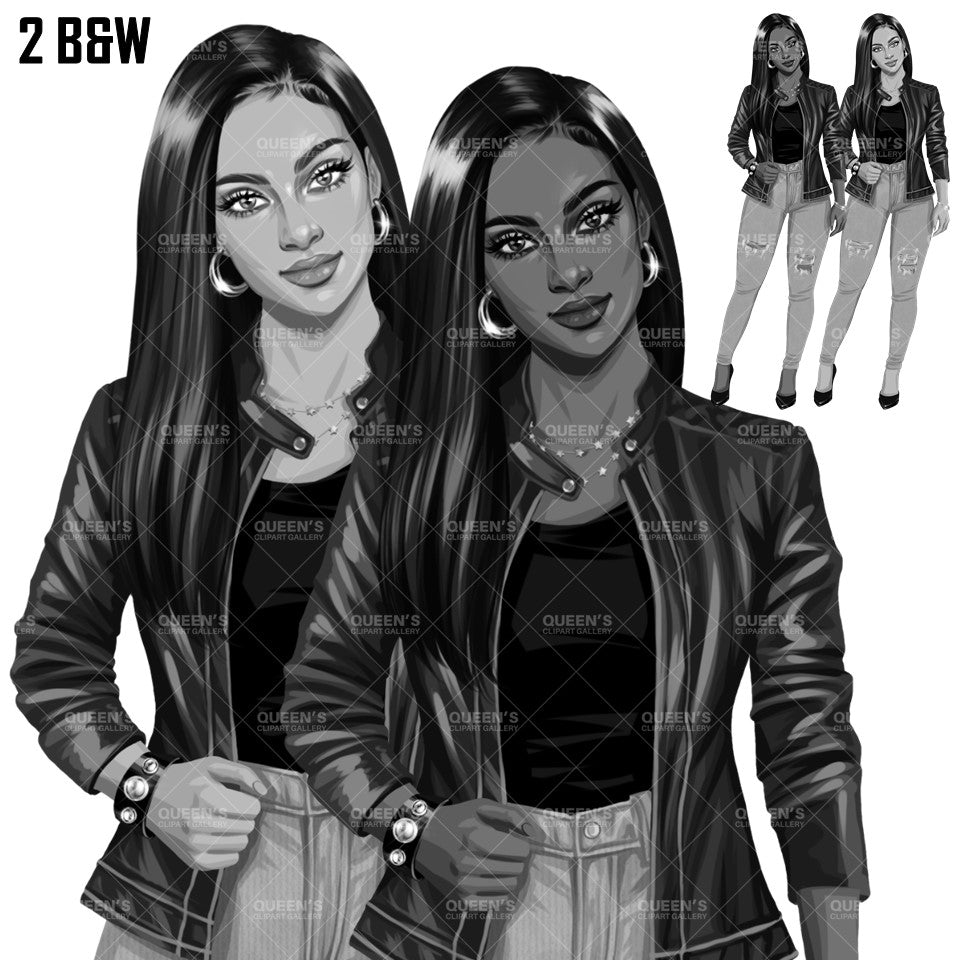 Curvy Denim Girl, Jeans Girl Clipart, Curvy girl, Woman clipart, Fashion girl clipart, Girl boss clipart, Fashion woman, Leather Jacket