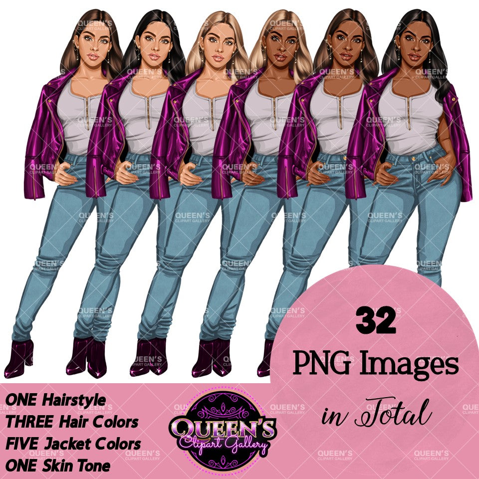 Curvy denim girl, Jeans girl clipart, Curvy girl, Fashion girl clipart, Girl boss clipart, Fashion woman, Woman in leather jacket, Curvy woman