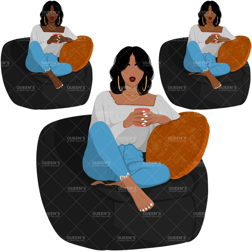 Afro woman sitting on sofa, Afro girl clipart, Black woman, Black girl magic, Fashion girl clipart, Relax at home, Coffee girl, Flat Clipart