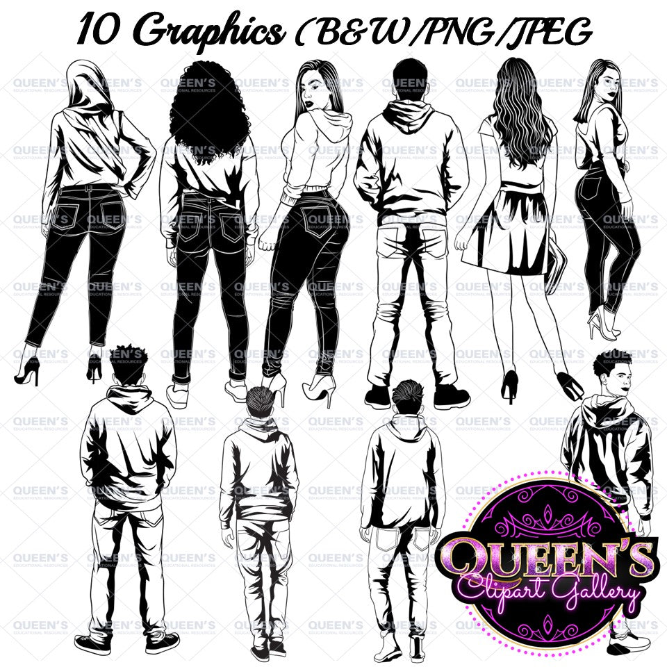 Backs Turned, Back View Clipart, Teenagers Clipart, Teen Clipart, Mature Teens Clipart, Teenagers Clipart, Back to School Clipart, Teens