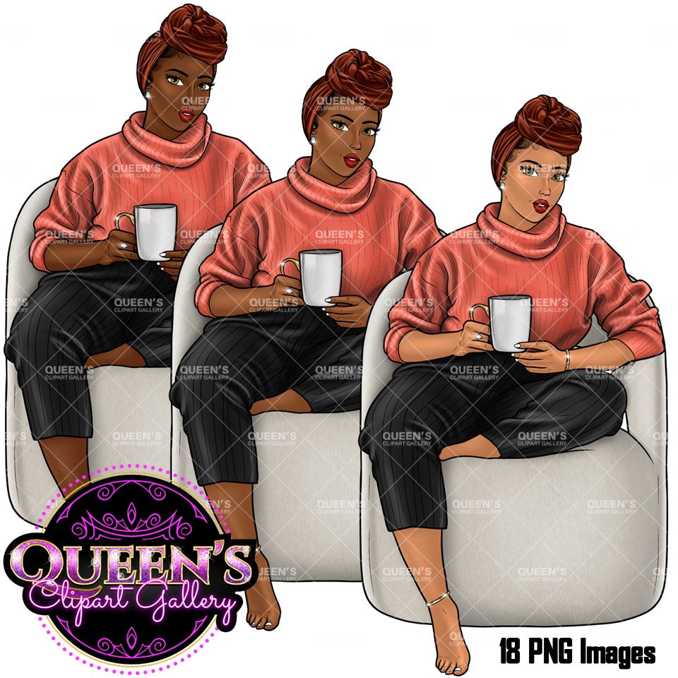 Coffee girl clipart, Curvy girl clipart, Fashion girl clipart, Cozy Clipart, Relax at home, African American clipart, Afro girl clipart