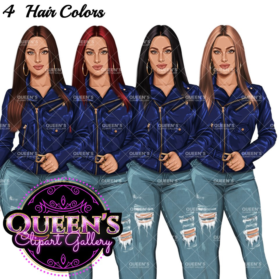 Curvy denim girl, Jeans girl clipart, Curvy girl, Fashion girl clipart, Girl boss clipart, Fashion woman, Woman in leather jacket, Curvy