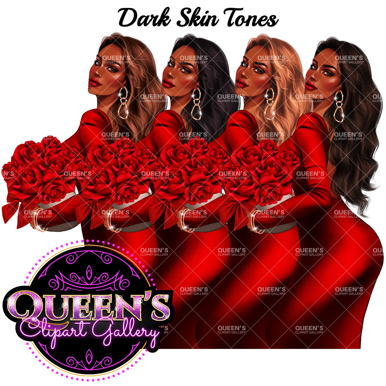 Valentine's Day clipart, Red roses clipart, Woman in red dress, Love clipart, Fashion girl clipart, Fashion illustration, Valentine roses
