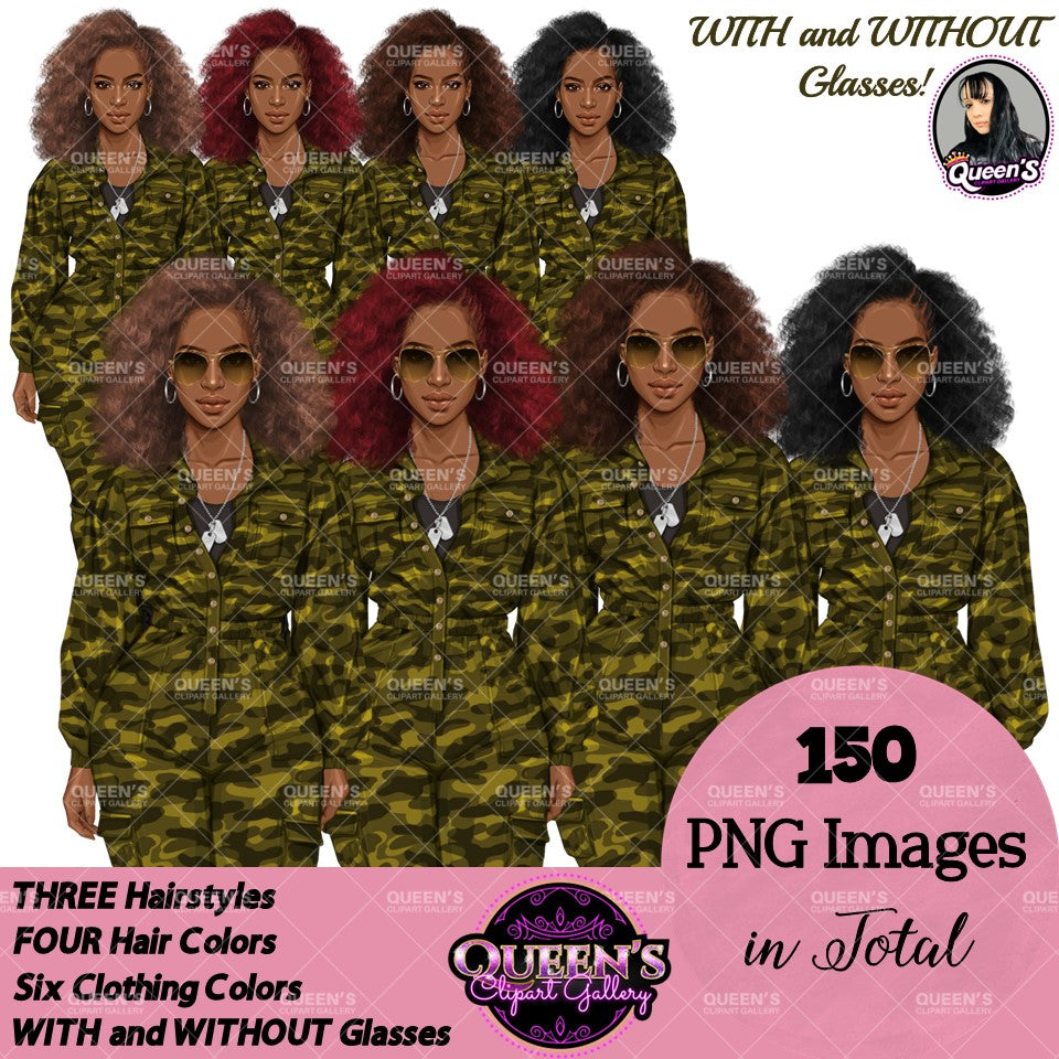 Army Clipart, Afro Military Woman Clipart, Fashion Girl Clipart, Veteran Day Clipart, Afro Female Troops, Memorial Day, Veteran, Soldier