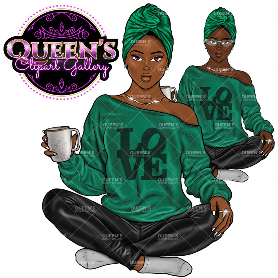 Yoga Clipart, Yoga Girl Clipаrt, Black Girl in Lotus Pose, Meditation Clipart, Coffee Clipart, Mindfulness Clipart, Afro Girl Clipart, Woman