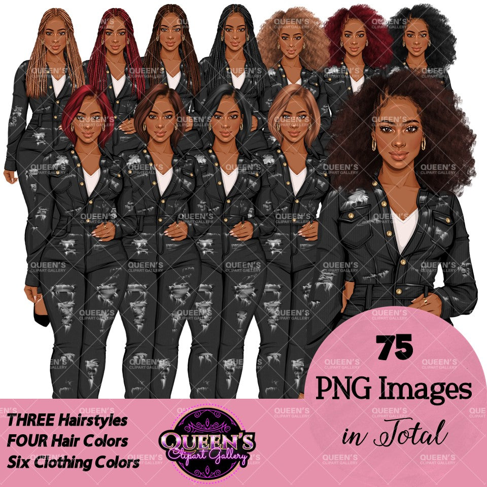 Denim Jeans Girl Clipart, Fashion Girl Clipart, Jeans Girl Clipart, Girl Boss Clipart, African American Woman in Jeans, Jeans Jacket Clipart, Boss Babe