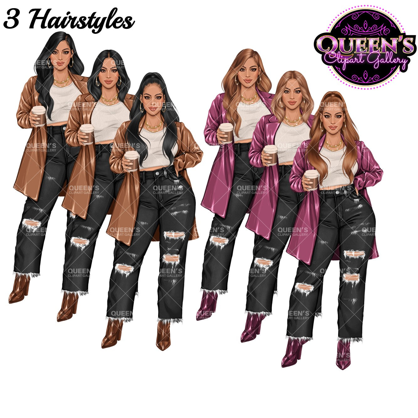 Coffee Girl Clipart, Denim Jeans Girl, Jeans Girl, Lady Boss Clipart, Fashion Girl Clipart, Jeans Girl Clipart, Woman in Leather Jacket
