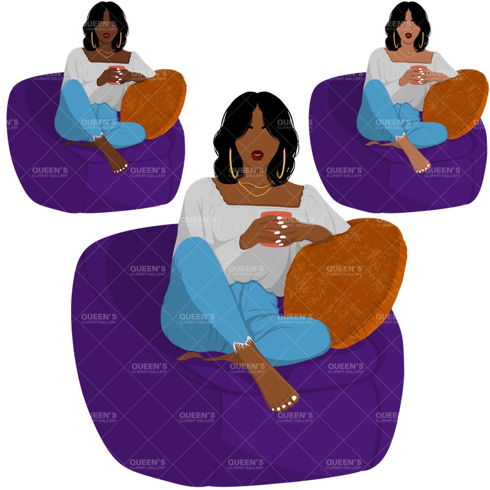 Afro woman sitting on sofa, Afro girl clipart, Black woman, Black girl magic, Fashion girl clipart, Relax at home, Coffee girl, Flat Clipart
