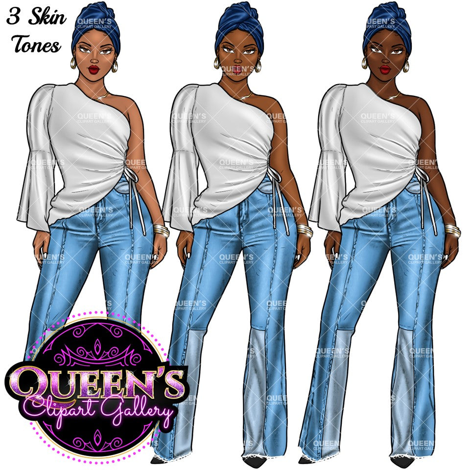 Denim girl clipart, Woman in Headwrap, Fashion girl clipart, Jeans Girl Clipart, African American woman clipart, Afro girl clipart, Headwrap