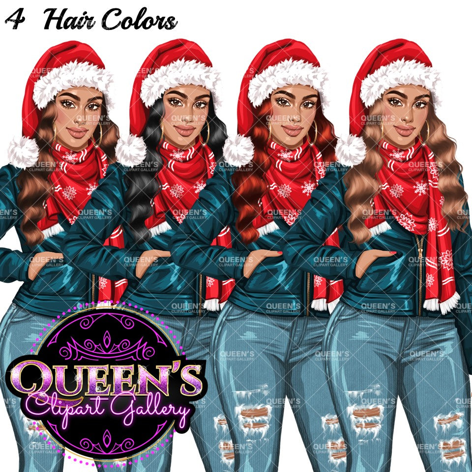 Christmas Girl Clipart, Woman in Santa Hat Clipart, Fashion Girl Clipart, Denim Jeans Girl Clipart, Winter Clipart, Girl Boss Clipart, Curvy