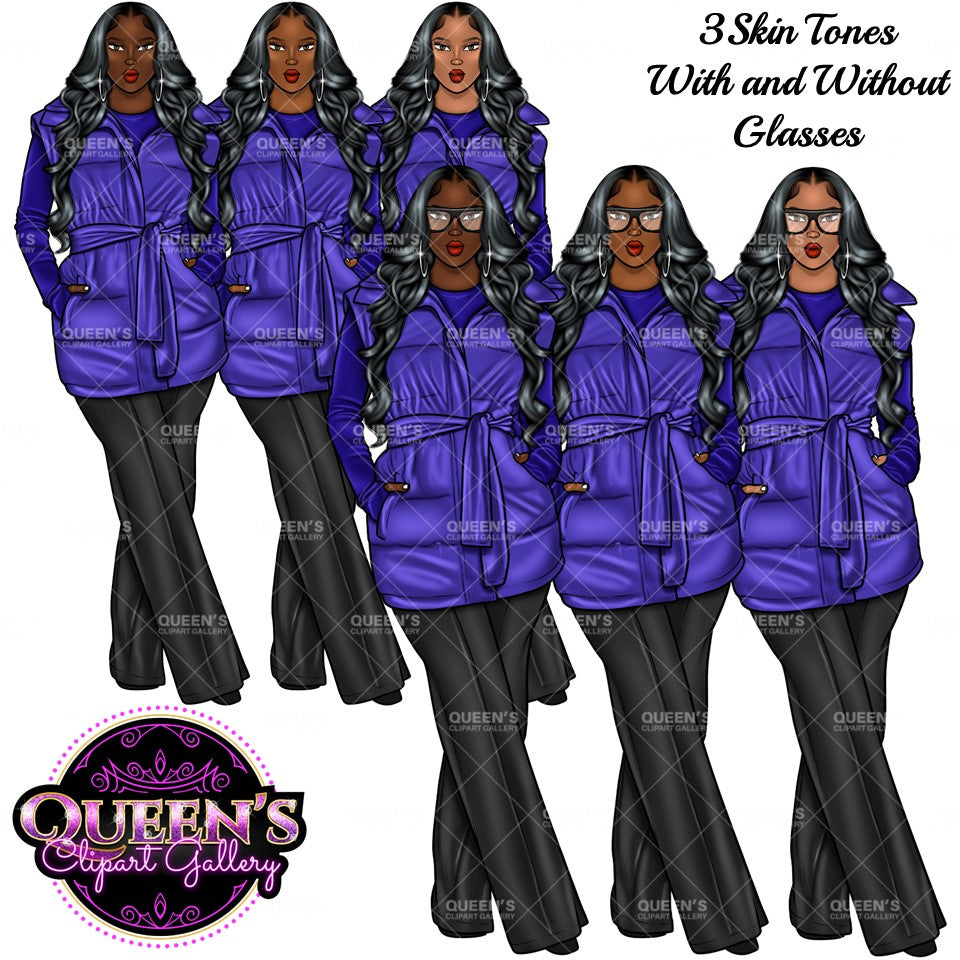 Fashion Girl Clipart, Black Girl Clipart, African American Clipart, Afro Girl Clipart, Girl Boss, Woman in Coat, Winter Clipart, Cozy wear