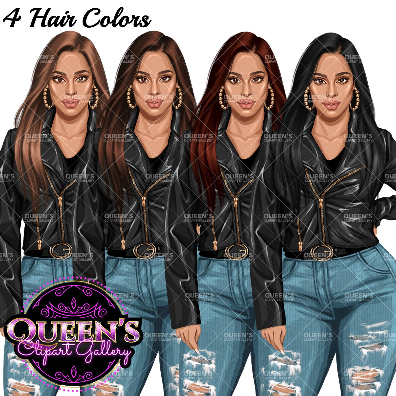 Denim girl clipart, Fashion girl clipart, Jeans girl clipart, Fashion illustration, Curvy girl clipart, Denim clipart, Woman in leather jacket