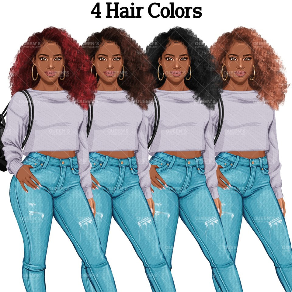 Denim jeans Afro girl, Afro girl clipart, Teenager clipart, Fashion girl clipart, Fashion illustration, Teen Afro girl, Denim Girl Clipart