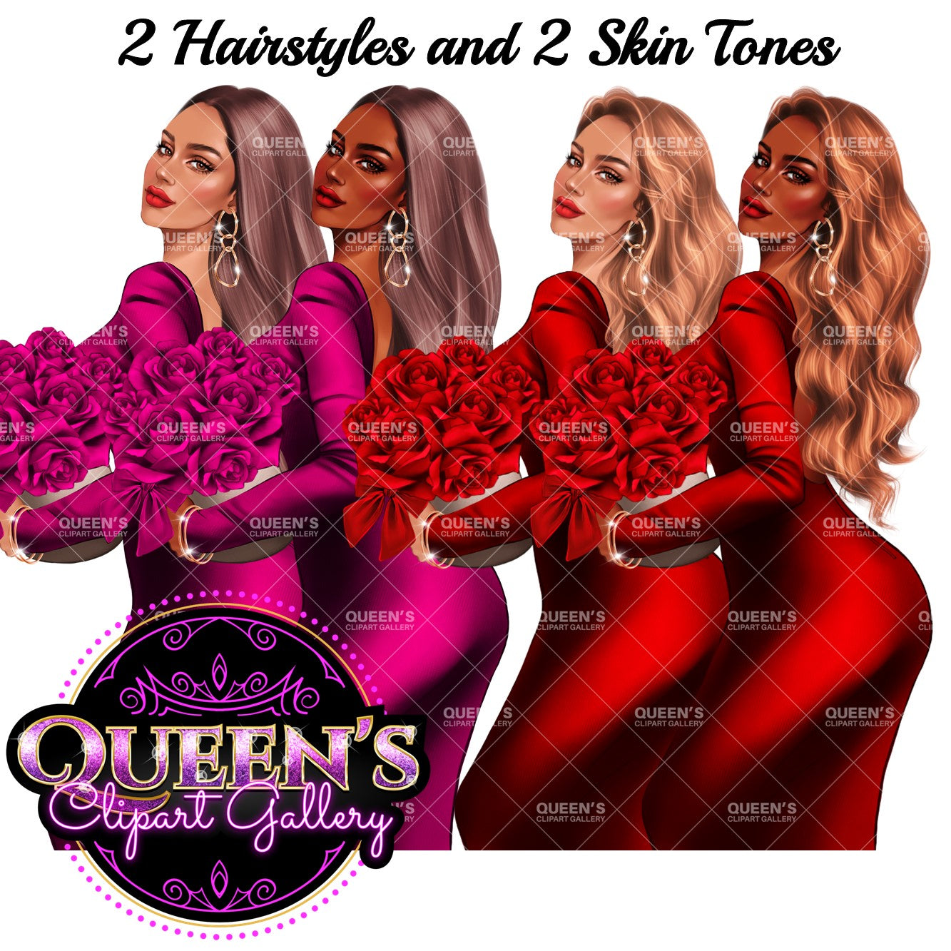 Valentine's Day clipart, Red roses clipart, Woman in red dress, Love clipart, Fashion girl clipart, Fashion illustration, Valentine roses
