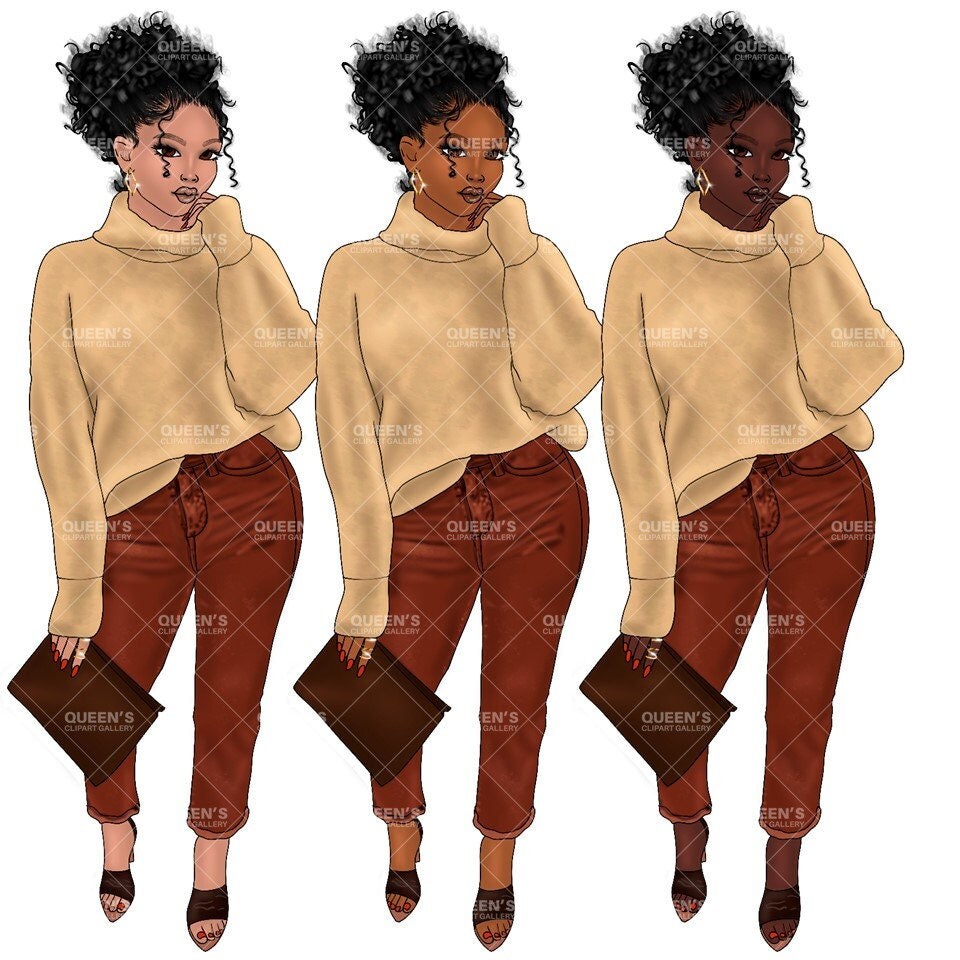 Black Woman Fashion Clipart PNG | African American Woman Clipart | Curly Hair Girl PNG | Fashion Illustration