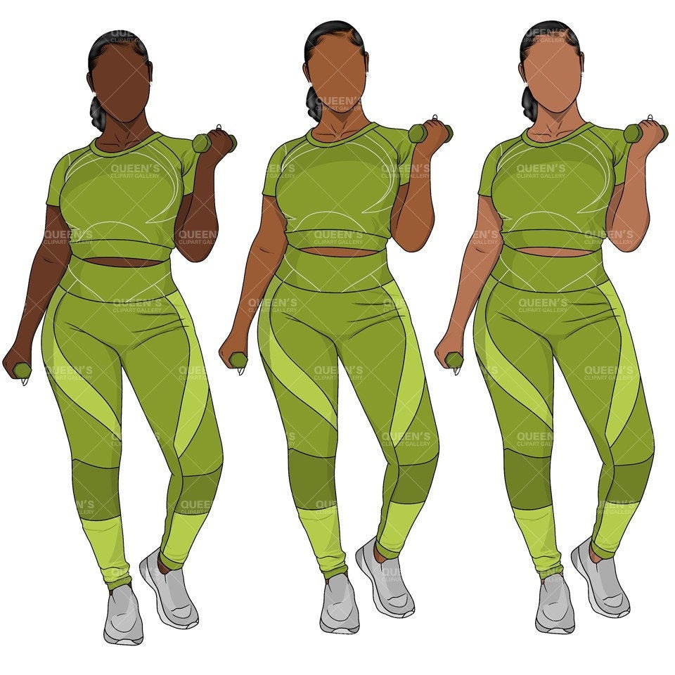 Fitness Woman Clipart PNG | Black Woman Workout Clipart | Curvy Gym Girl PNG | Activewear Clipart | Exercise Woman Illustration