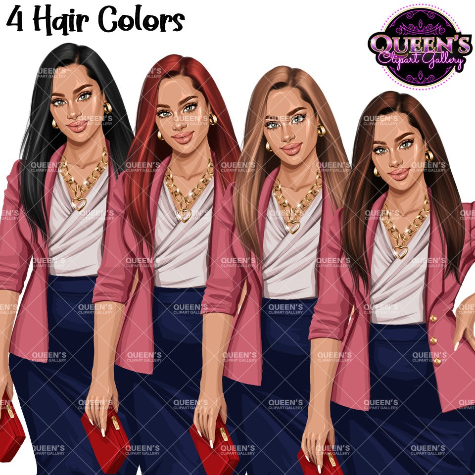 Business woman clipart with long straight hair in four hair colors, blazer and skirt PNG with transparent backgrounds.