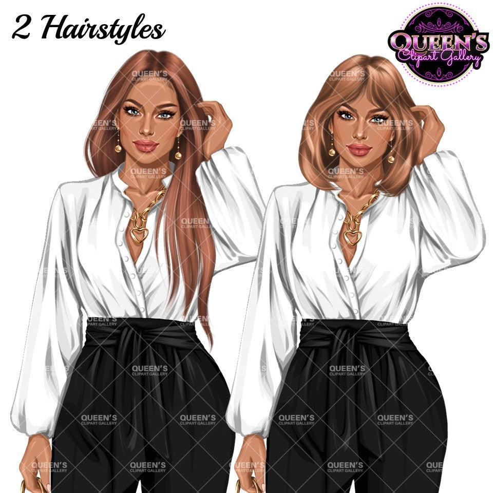 Business woman clipart featuring long straight hair and short bob hairstyle, white blouse, black wide-leg pants and gold jewelry.