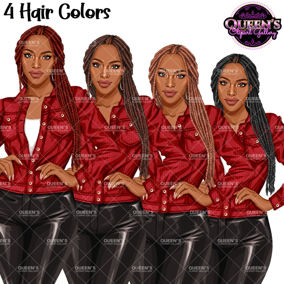 Four illustrated women wearing a red button jean jacket, each with a different hair color, shown side by side on a white background with the text '4 Hair Colors' and a 'Queen's Clipart Gallery' logo. Fashion African American woman clipart featuring 4 hair color variations with a casual jacket, faux leather pants, and transparent PNG background.