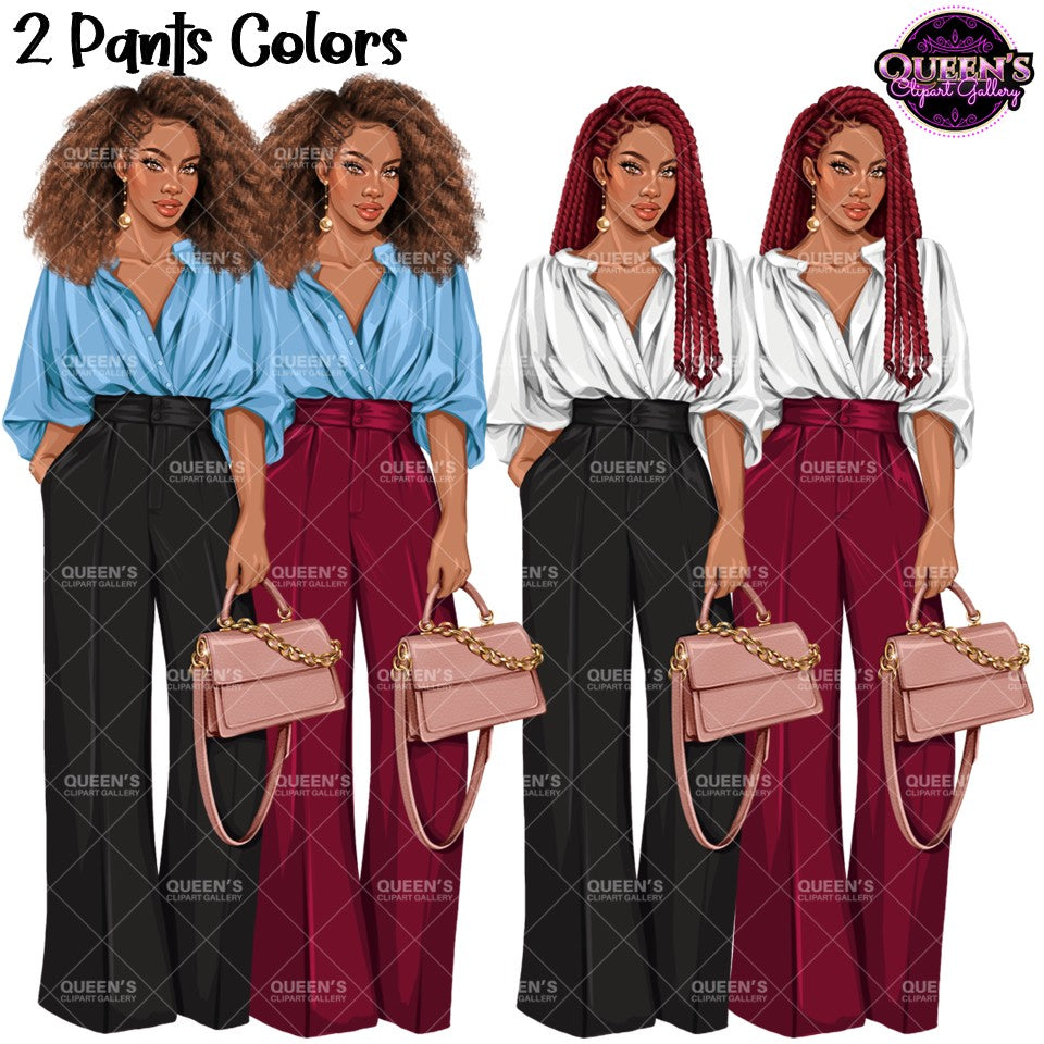 Black business woman clipart with natural Afro hair and braids wearing black and burgundy wide leg pants with pink handbags, transparent background PNG.