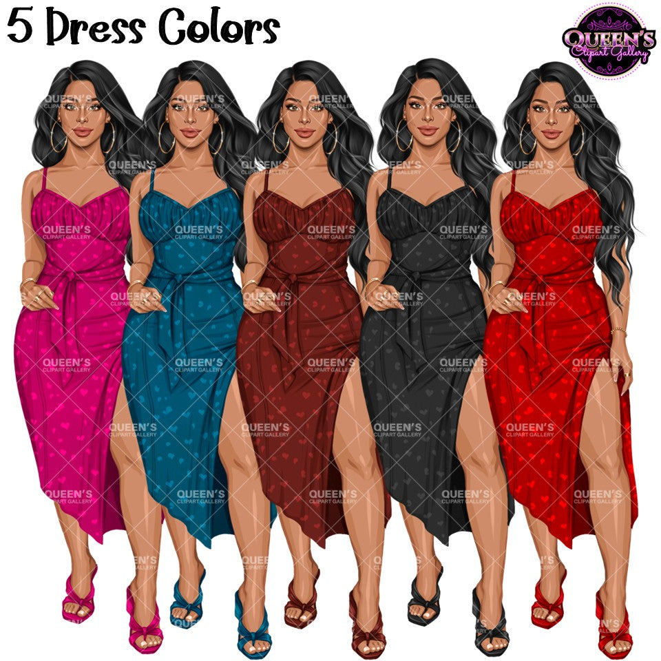 Fashion woman clipart wearing elegant midi dresses with side slits in pink, blue, brown, black and red, featuring long black wavy hair and heels, PNG images with transparent backgrounds